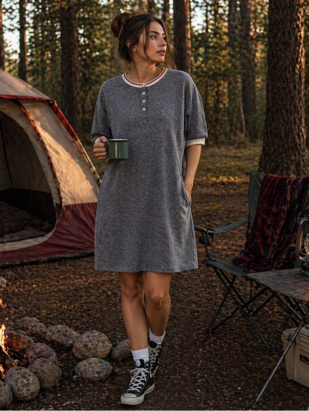 Roots Cabin Waffle Knit Henley Dress Sz M